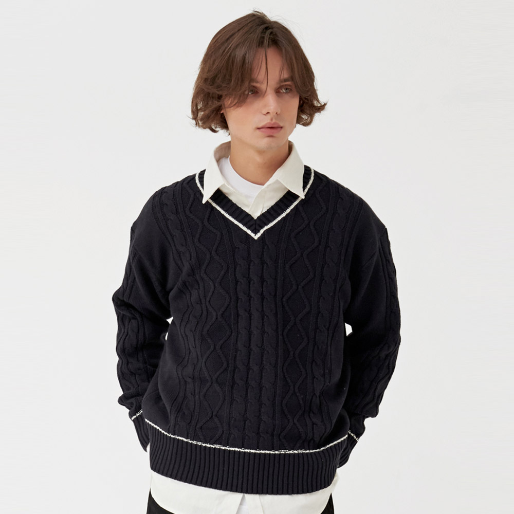 유니섹스 에센셜 브이넥 라인 스웨터 니트 네이비